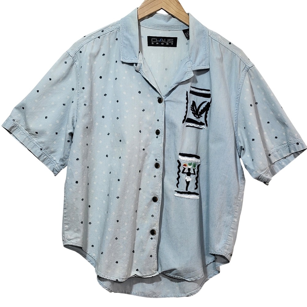 Chaus Sport Vintage Light‎ Blue Cotton Embroidered Button Down Shirt Large